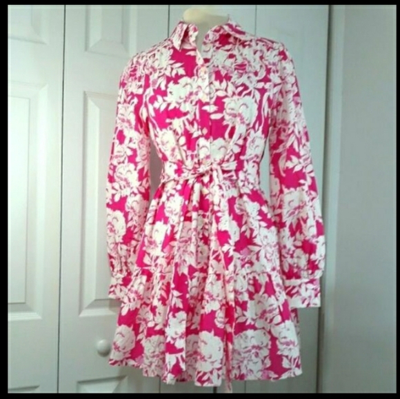 Flying Tomato 100% Cotton Floral Pink Dress Long-Sleeve Belted Flattering Small - Picture 2 of 14